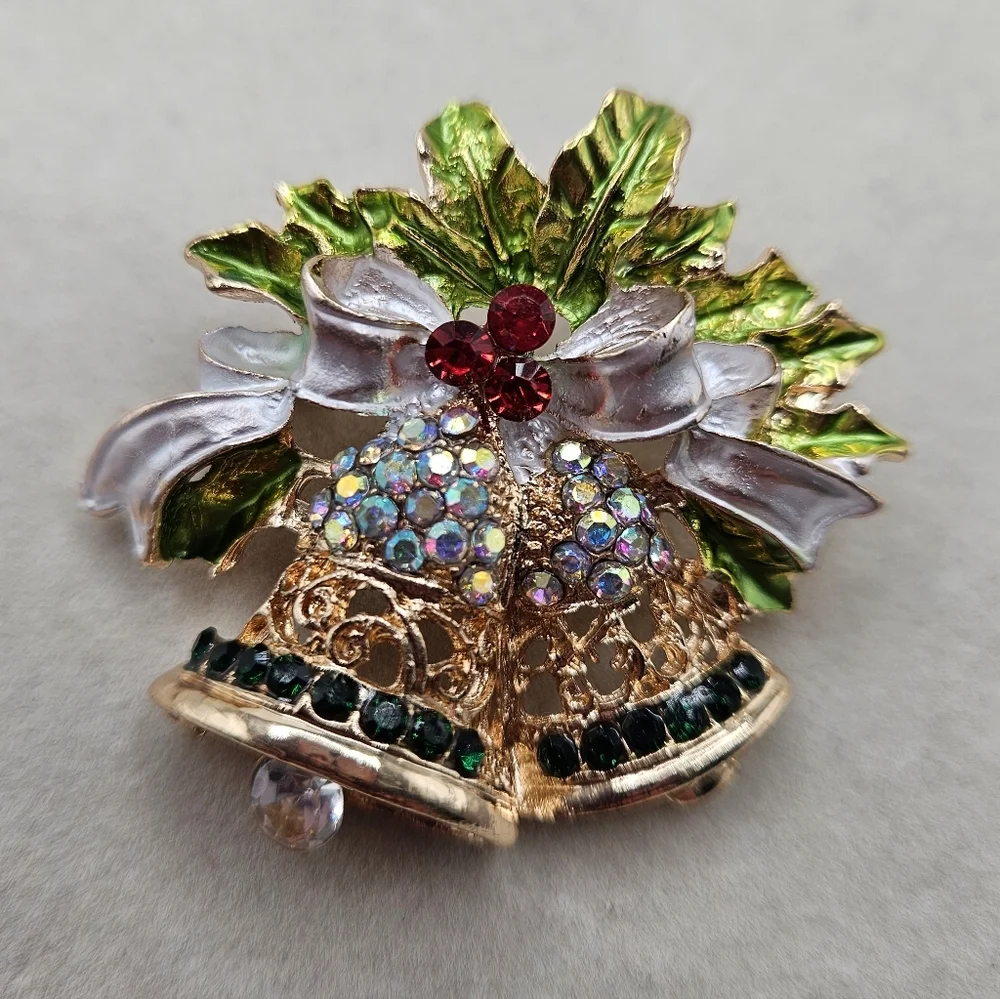 Rhinestone Accent Christmas Holiday Bells Gold Tone Brooch Pin Holiday